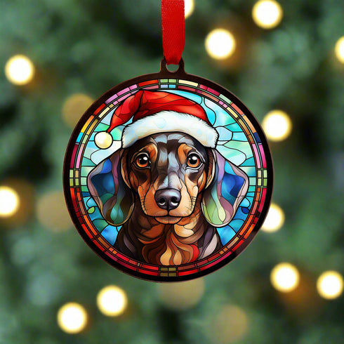 Dachshund Dapple in Santa Hat Suncatcher Decoration